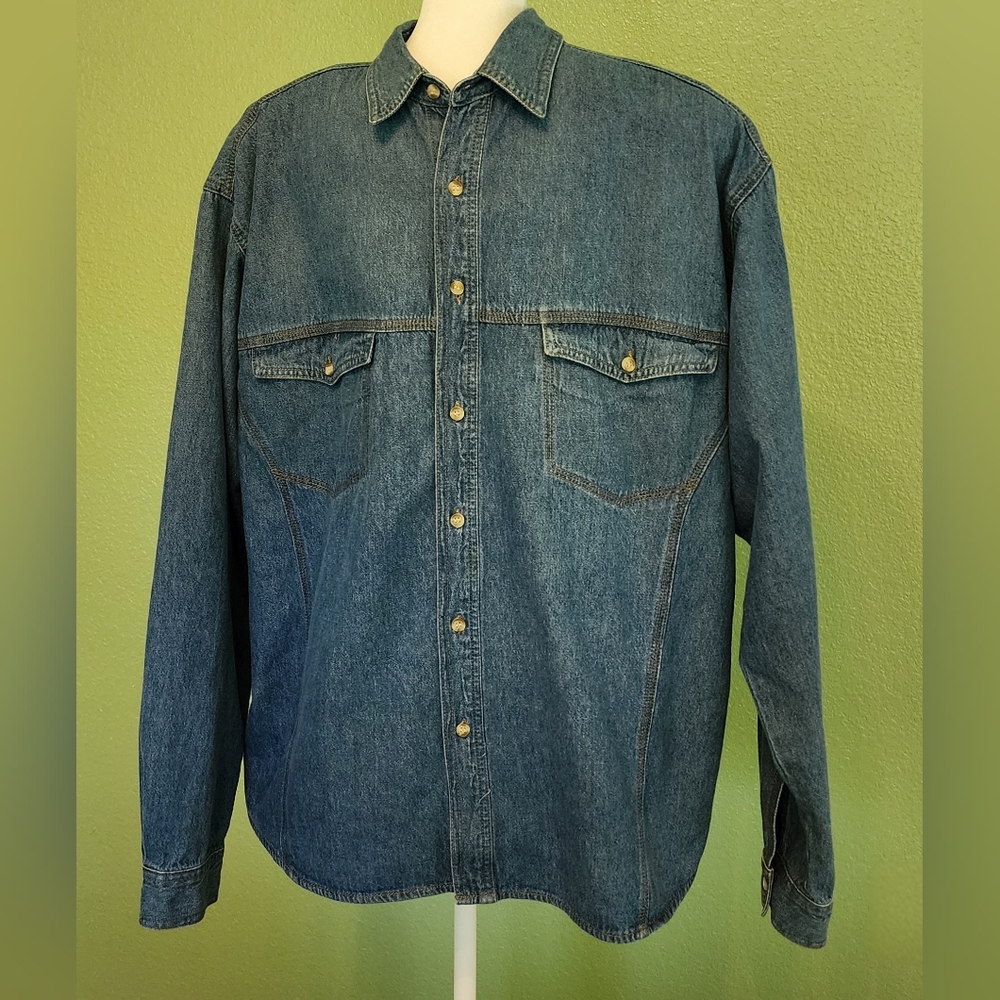 VTG 90s J.G. HOOK JEANSWEAR SHIRT Men's XL Denim Long Sleeve Top Stitch